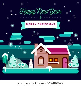 Winter season. Christmas and New Year greeting card. Stock falt illustration of snow landscape  with Christmas trees, snowmen, snow drifts. Typography, calligraphy. Noel background