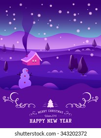 Winter season. Christmas and New Year greeting card. Vector falt illustration of snow landscape  with Christmas trees, snowmen, snow drifts. Typography, calligraphy. Noel background