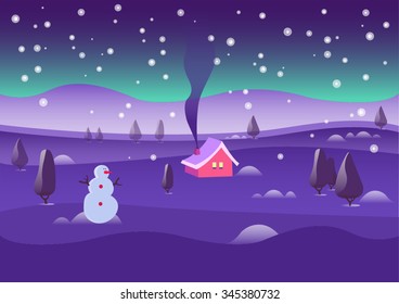 Winter season. Christmas and New Year greeting card. Vector fault illustration of snow landscape  with Christmas trees, snowmen, snow drifts. Typography, calligraphy. Noel background