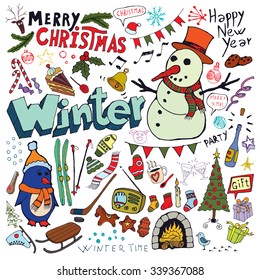 Winter season and Christmas themed colored doodle set. Freehand vector drawings isolated over white background.
