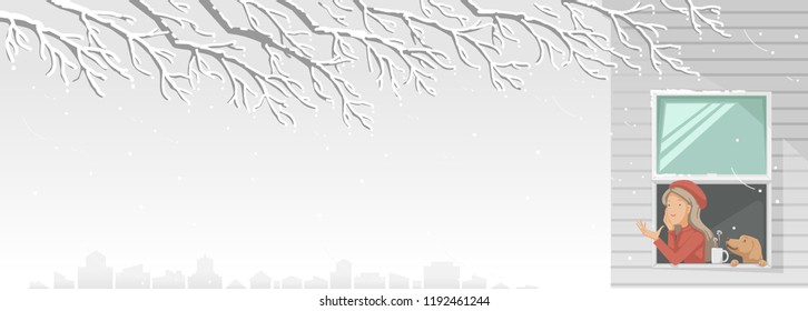 Winter season of city buildings in snow-capped scenery. Girl hands out of the window. Woman and pet her relaxes by winter view with a cup of hot drink. Winter and Christmas holidays concept. vector