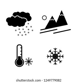 Winter season climate vector icon set, clouds with snow, mountain with sun, low temperature icon, snowflake
