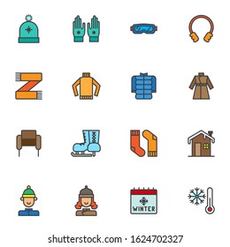 Winter season clothes filled outline icons set, line vector symbol collection, linear colorful pictogram pack. Signs, logo illustration, Set includes icons as wool hat, warm gloves, scarf, coat, socks