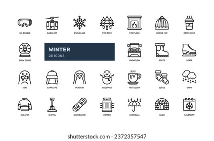winter season cold ski goggle or christmas xmas detailed outline line icon set