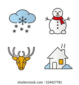 Winter season color icons set. Snowman, reindeer, house, winter snowfall. Isolated vector illustrations