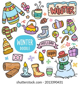 Winter season, colorful graphics elements and illustrations. Object vector art such as snowman, wood, sweater, ice skate, shock are included in this doodle cartoon set.