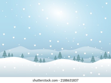 Winter season is coming. Landscape Woodland and Heart snowfall. Clear blue sky for winter and new year holiday. illustrator, vector.