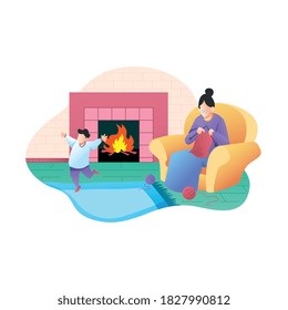 Winter season concept. enjoyed holiday in house grandma flat design. Vector illustration of Fireplace image in Living Room
