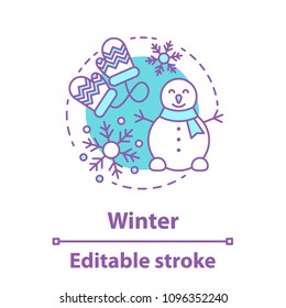 Winter season concept icon. Snowy weather idea thin line illustration. Winter entertainment. Snowman making. Vector isolated outline drawing. Editable stroke