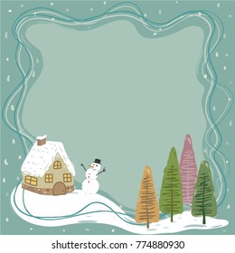 Winter season cute pastel vector background and frame. Little sweet house with snowman on snowing background and pine trees. 