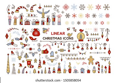 Winter season decor vector color illustrations set. Christmas holiday symbols. Fir tree hanging baubles icons pack on white background. Xmas items isolated cliparts. New Year festive decoration