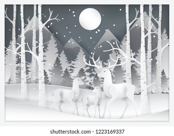 Winter season with deer family in the forest with snow.