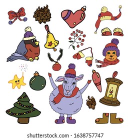 Winter season doodle big set elements. Xmas. Vector hand drawn illustration. New Year collection with Christmas decorations. Bright and funny dressed animals and bullfinch. EPS 10