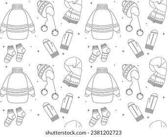 Winter season doodle clothes seamless pattern. Hand drawn sketch elements warm vector background illustration