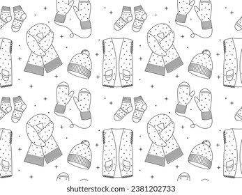 Winter season doodle clothes seamless pattern. Hand drawn sketch elements warm vector background illustration