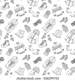 Winter Season Doodle Clothes Seamless Pattern. Hand Drawn Sketch Elements Warm Reindeer Sweater, Coat, Boots, Socks, Gloves And Hats. Vector Background Illustration