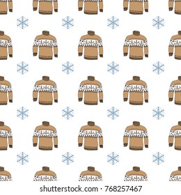 Winter season doodle clothes seamless pattern. Hand drawn sketch elements warm raindeer sweater socks, gloves and hats. vector background illustration