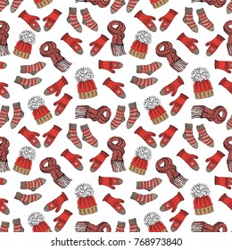 Winter season doodle clothes seamless pattern. Hand drawn sketch elements warm raindeer sweater socks, gloves and hats. vector background illustration