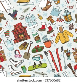 Winter season doodle seamless pattern:Christmas symbols, knitted wear,winter sports,snowflakes,birds,snowman,fireplace with other new year decoration elements background.Hand drawn vector.