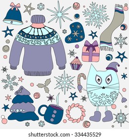winter season doodle set - snowflakes,tree. bell. boot. star,sweet.