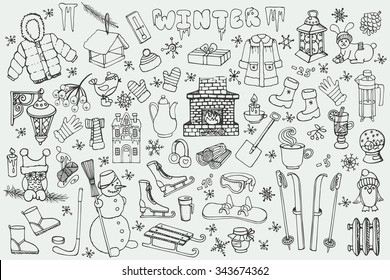 Winter season doodle set.Christmas symbols, new year elements.Knitted wear, winter sports,snowflakes,birds,snowman,fireplace with other Hand drawn vector, isolated over white background.Vintage