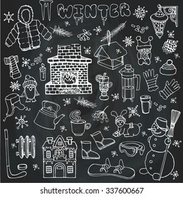 Winter season doodle set.Christmas symbols,Knitted wear, winter sports,snowflakes,birds,snowman,fireplace,other new year decoration elements.Hand drawn vector,Linear decor on Chalkboard background.