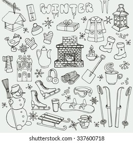 Winter season doodle set.Christmas symbols,Knitted wear,winter sports,snowflakes,birds,snowman,fireplace and other new year decoration elements.Hand drawn vector,linear isolated over white background.