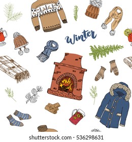 Winter season doodles seamless pattern. Hand drawn sketch elements fireplace, glass of hot wine, clothes, warm blanket, socks, gloves and hat. vector background illustration
