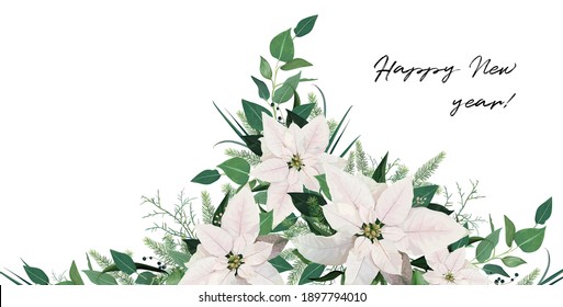 Winter season editable, festive floral wedding invite, invitation, greeting card vector template. White Poinsettia flowers, Christmas spruce tree branches, Eucalyptus greenery, green leaves decoration