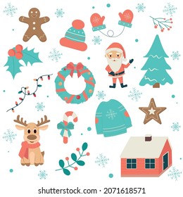 Winter season element pattern set: warm clothes, deer, Santa Claus, biscuits. Perfect for background,  scrapbooking, greeting card, sticker kit.