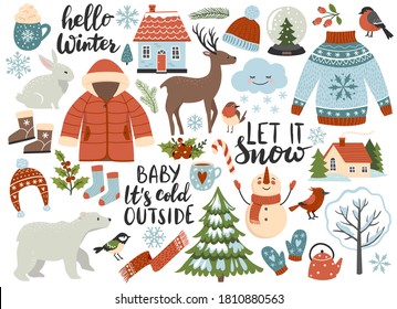 Winter season element set: warm clothes, polar bear, white rabbit, deer, calligraphy quotes. Perfect for scrapbooking, greeting card, sticker kit. Hand drawn vector illustration