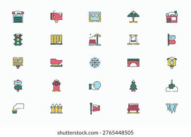 Winter season elements and snowy objects icon set
