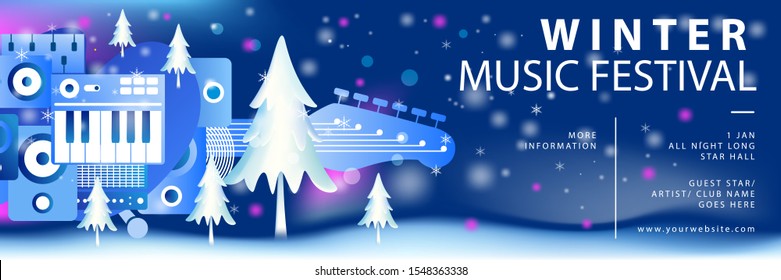 Winter Season Event Banner Background Design Template For Music Festival, Tour, Party And Concert.   Vector Illustration