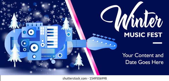 Winter season event banner background design template for music festival, tour, party and concert. Snowfall wallpaper layout for advertisement, publication and promotion for print. Vector illustration