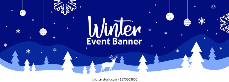 Winter season event banner template with nature landscape and snowflake and snowfall. Winter seasonal web and print advertisement for festival, party, sale, concert, and greeting. Vector illustration.