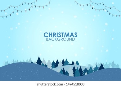 Winter season flat design landscape with christmas tree Happy New Year greeting card background with falling snowflakes.Vintage texture vector illustration.