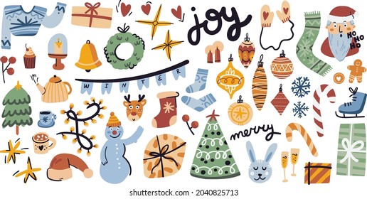 Winter season flat illustrations set. Isolated on white. Merry, joy, Christmas tree, xmas, bell, socks, rabbit, deer, santa, gifts, scarf. Winter cute doodle collection.