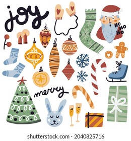 Winter season flat illustrations set. Isolated on white. Merry, joy, Christmas tree, xmas, bell, socks, rabbit, deer, santa, gifts, scarf. Winter cute doodle collection.