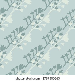 Winter season floral figures seamless pattern. Botanic elements and background on pastel blue tones. Decorative backdrop for wallpaper, wrapping paper, textile print, fabric. Vector illustration.
