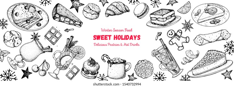 Winter season food. Sweet holidays. Delicious pastries and Hot drinks. Christmas menu template vector illustration. Hand drawn sketch. Christmas food and drink design template. Mulled wine and dessert