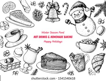 Winter Season Food. Sweet Holidays. Hot Drinks And Homemade Baking. Christmas Menu Template Vector Illustration. Hand Drawn Sketch. Christmas Food And Drink Design Template. Mulled Wine And Dessert