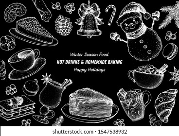 Winter season food. Sweet holidays. Hot drinks and homemade baking. Christmas menu template vector illustration. Hand drawn sketch. Christmas food and drink design template. Mulled wine and dessert