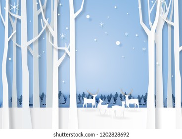 Winter season forest silhouette and deers wildlife background paper art style for merry christmas and happy new year.Vector illustration.