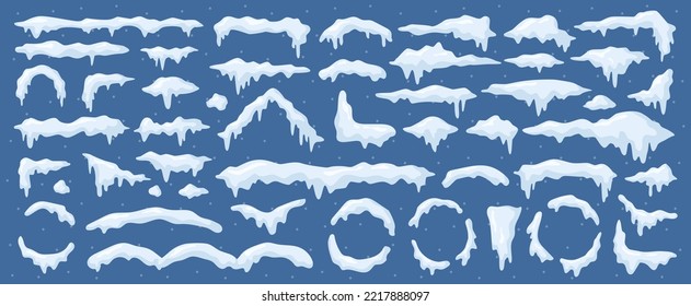 Winter season frost and cold, isolated snow caps for roofs of houses and surfaces. Frames and snowy roofs, snowflakes and icicles. Vector in flat cartoon style