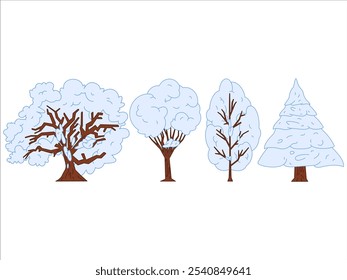 Winter season frozen frost trees snowy forest woods botanical plants cold natural object collection pine fir oak tree colorful icons Christmas seasonal design element