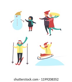 Winter season fun, activities of people in wintertime vector . Child building snowman, mother and father running to kid. Skiing and riding sledges