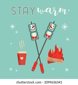 Winter season fun relax cute simple vector icon. Warm cozy smores and cocoa station welcome sign. Roast marshmallows hot cocoa chocolate cup illustration. Winter seasonal outdoor activity background