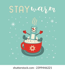 Winter season fun relax cute simple vector icon. Warm cozy smores and cocoa station welcome sign. Marshmallow snowman hot cocoa chocolate cup illustration. Winter seasonal outdoor activity background