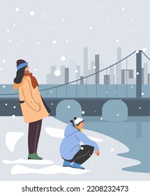 Winter season fun, walking and spending time outside. Man and woman by bridge and frozen lake or river, skyscraper view of cityscape in distance. Couple outdoors in snowfall. Vector in flat style