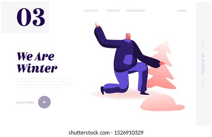 Winter Season Games and Activities Website Landing Page. Happy Man in Warm Earflaps Hat Stand on Knee Aiming with Snow Ball to Somebody. Holidays Relax Web Page Banner. Flat Vector Illustration